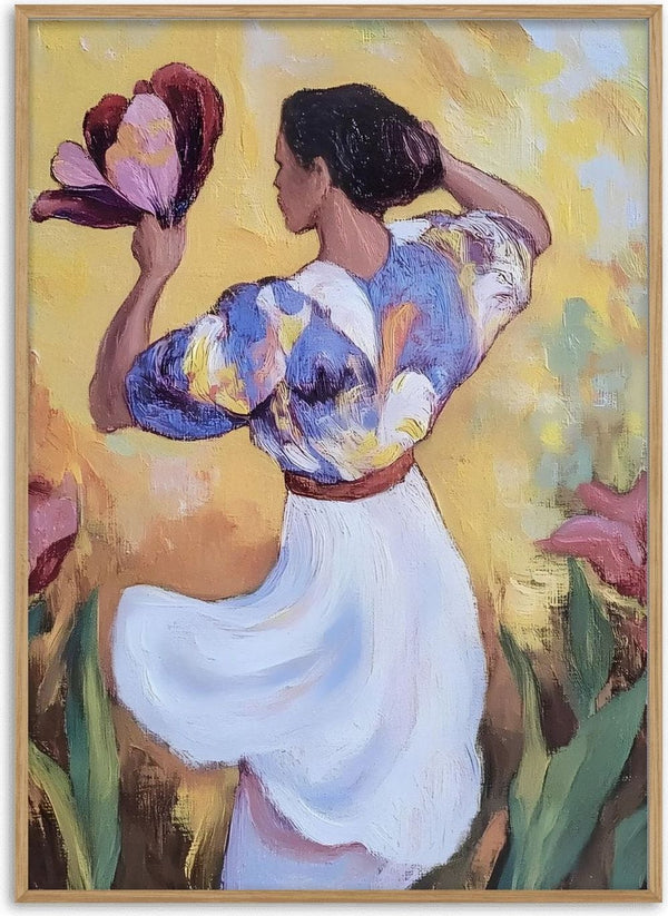 Woman with a Tulip by Elena Avanesova - woman in a white skirt and lilac blouse holding a burgundy tulip against warm yellow