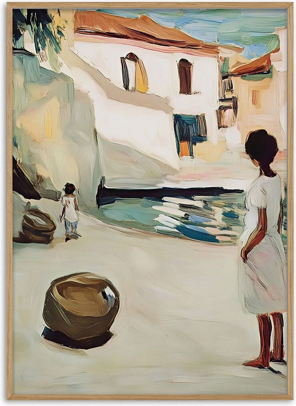 Village Street by Elena Avanesova - girl in white on a pale street below white houses with terracotta roofs