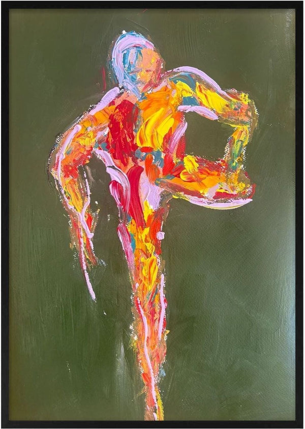 Figure in Motion by René J - expressive striding figure painted in orange, red and pink on a dark olive green ground