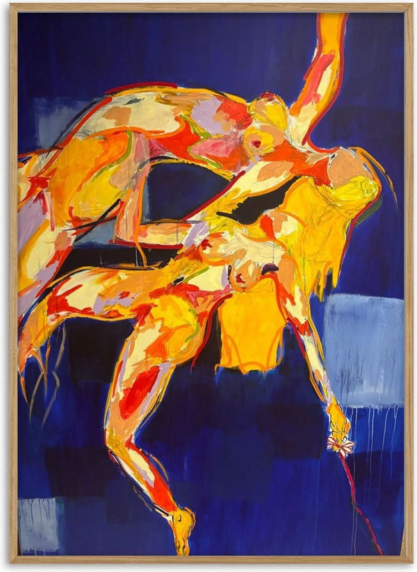 Two Figures in Blue by René J - two stretched figures painted in yellow and orange on a deep blue ground