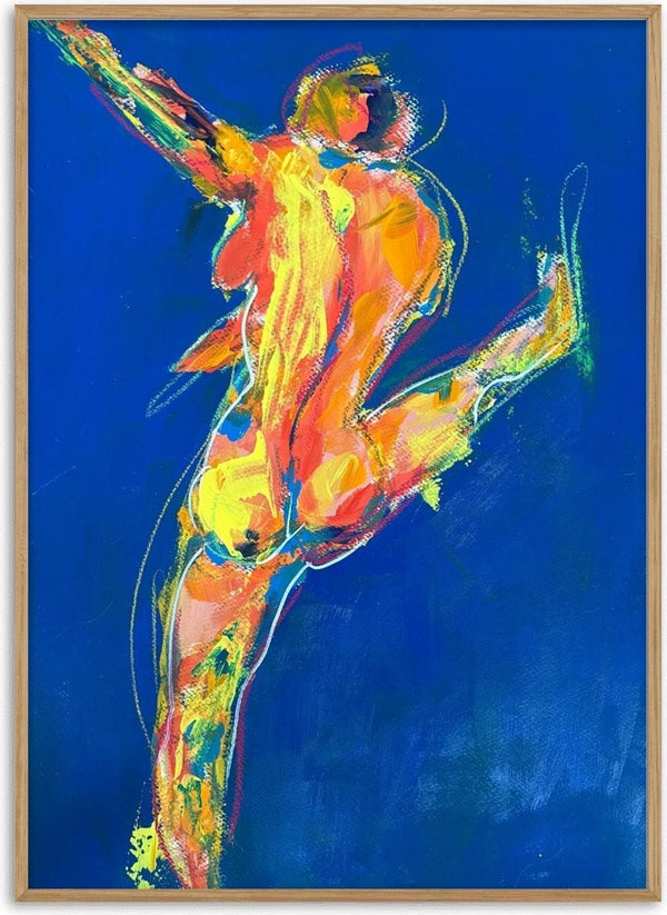 Blue Dancer by René J - figure stretching upward in yellow and orange with white outlines on a cobalt blue ground