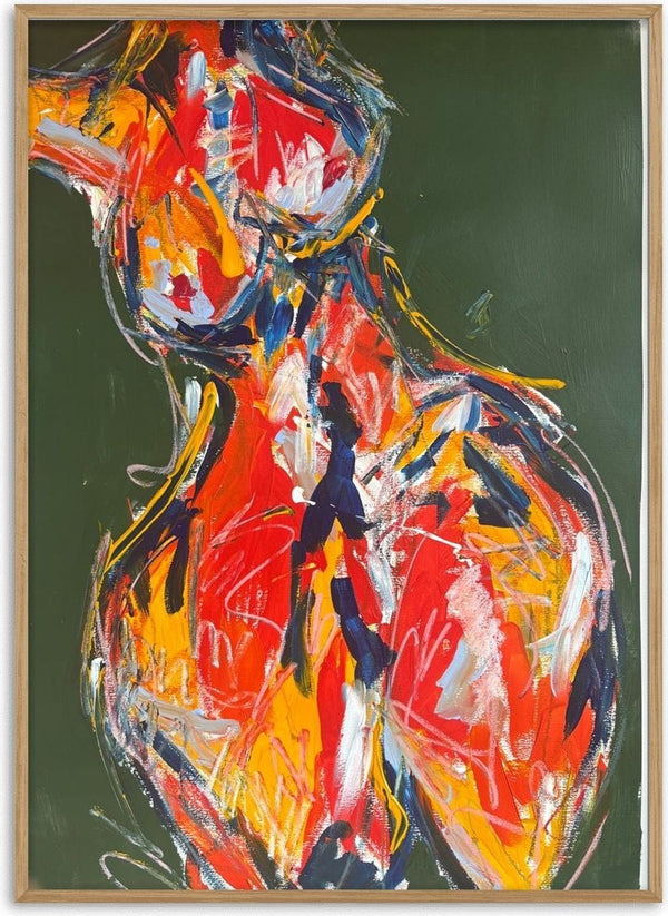 Red Figure by René J - standing figure in red, orange and yellow with white outlines on an olive green ground
