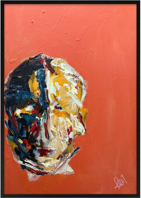 Head in Colour by René J - head in profile built from thick navy, yellow and red paint on a coral orange ground