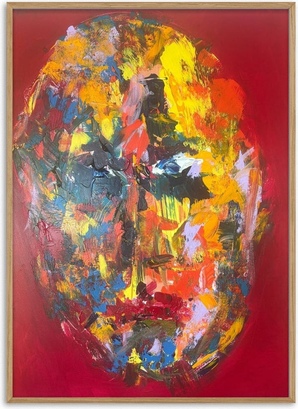 Colour Mask by René J - large face built from thick daubs of yellow, blue and green on a deep red ground
