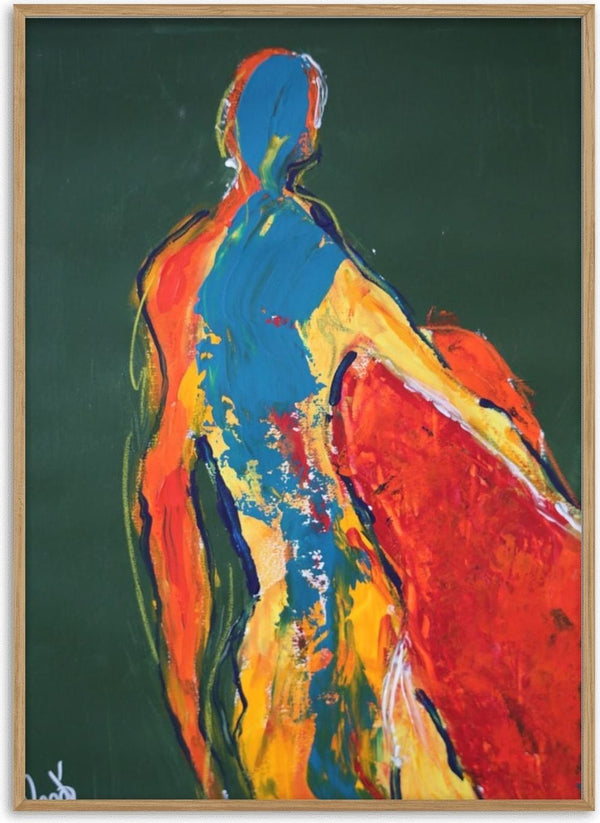 Figure in Green by René J - a figure seen from behind in orange and turquoise on deep green