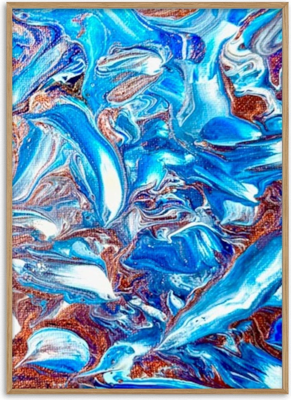 Blue Waves by Da Winters - curling blue and white strokes over a speckled copper ground