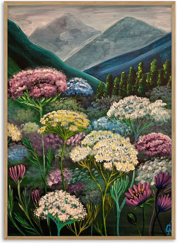 Mountain Meadow by Svetla Stoyanova Bassi - white and pink flowers below green slopes and grey mountains