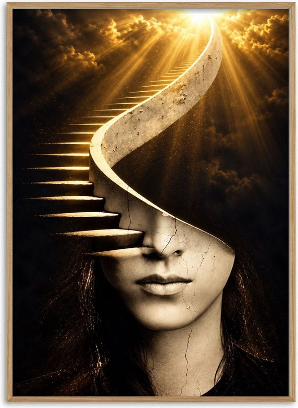 The Ascending Mind by RA - a face opening into a spiral staircase rising into golden light
