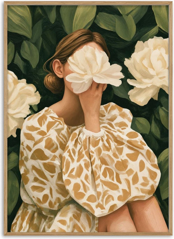 Behind the Peony by Martina Karlsson - a woman holding a white peony before her face