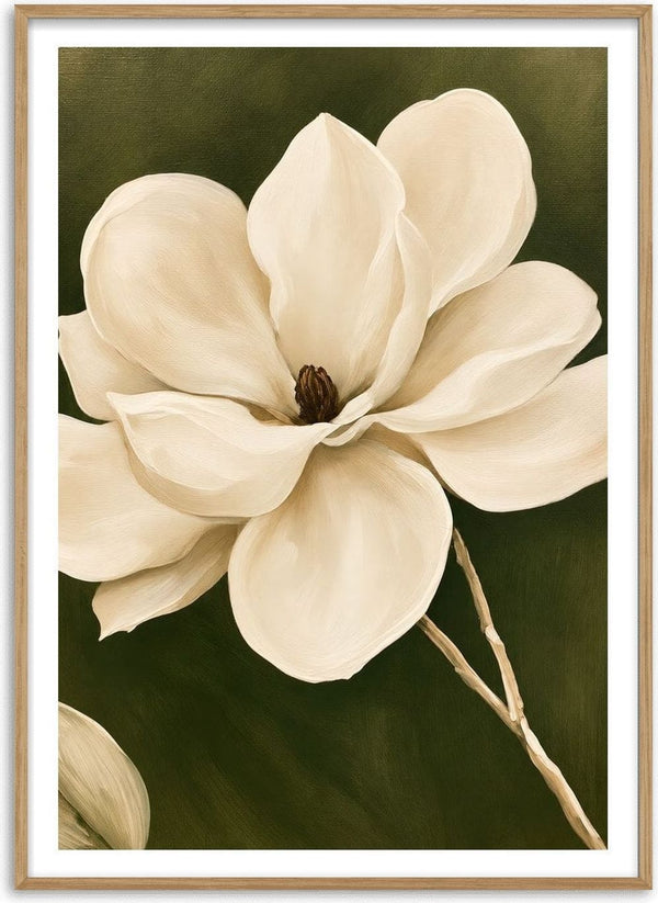White Magnolia by Martina Karlsson - a cream magnolia open against a deep olive ground