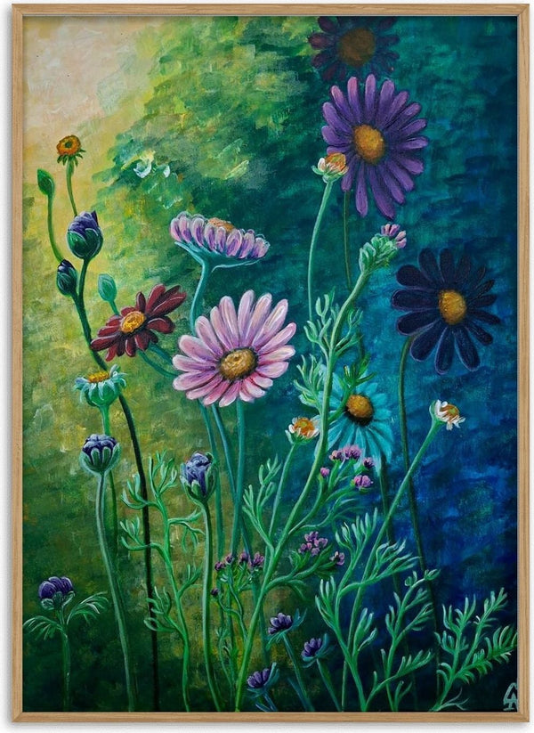 Daisies at Dusk by Svetla Stoyanova Bassi - violet, pink and turquoise daisies on tall green stems