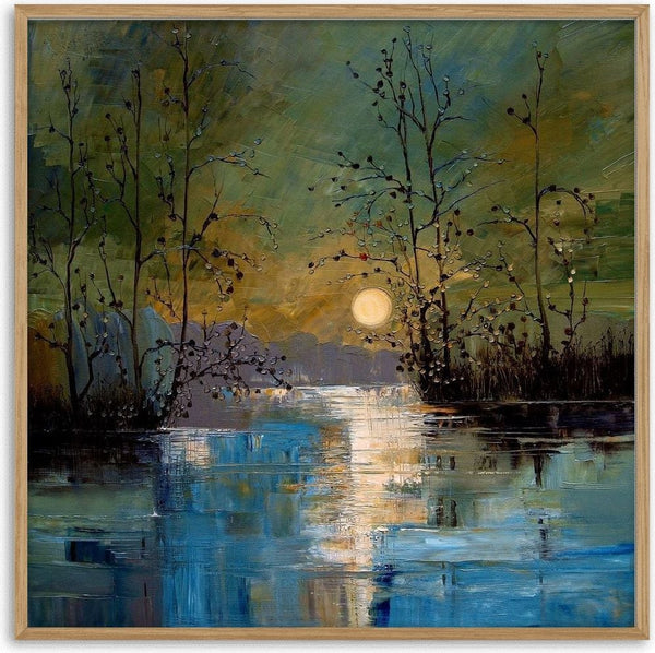 Sun over Still Water by Justyna Kopania - bare trees and a pale sun reflected in blue water
