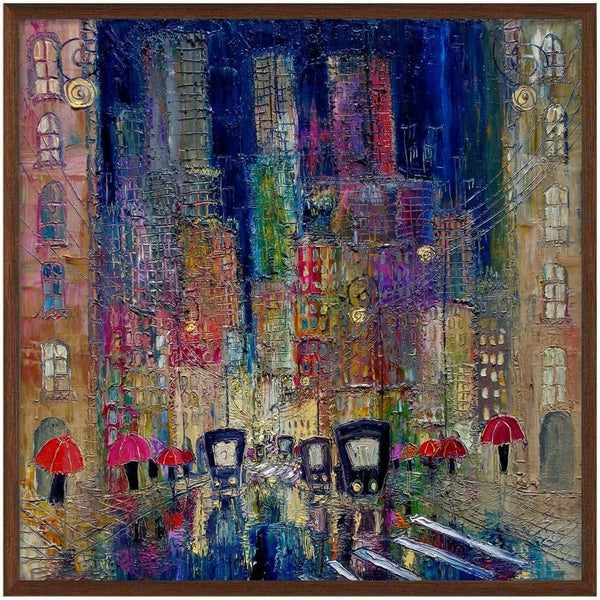 Rain on the Boulevard by Justyna Kopania - a wet city street with red umbrellas in blue and violet