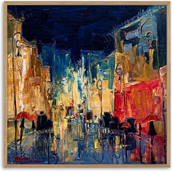 Night Street with Red Umbrellas by Justyna Kopania - a wet city street in gold and red under a blue night