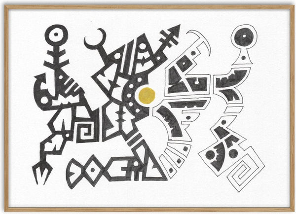 Open Line Glyphs by John Larkin - glyph figures drawn in black outline with spirals and meanders on white