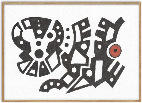 Black and White Glyphs by John Larkin - heavy black shapes with white cut-outs and one dark red disc