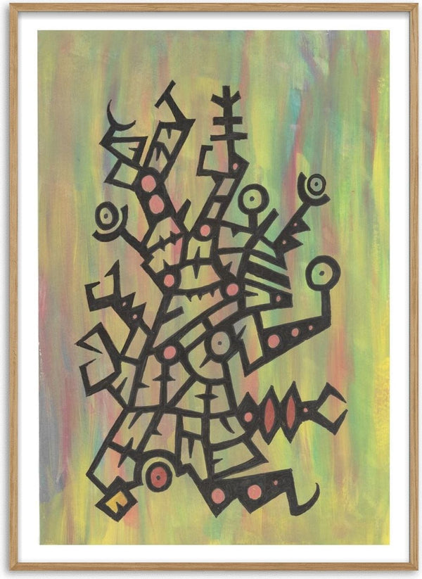 Glyphs on Green by John Larkin - black glyph forms on a ground brushed in green and yellow