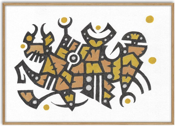 Ochre Glyphs by John Larkin - black glyph figures filled with ochre and warm brown on white