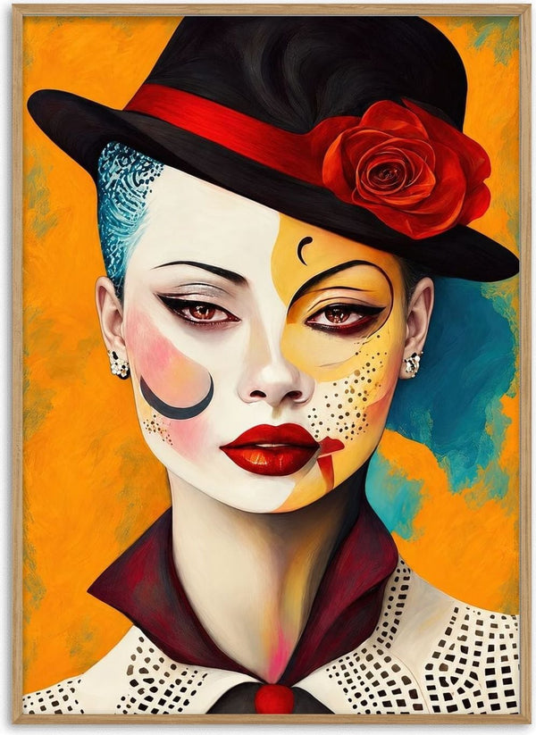 Hat and Red Rose by Tara Green - a woman in a black bowler hat with a red rose on a burnt orange ground