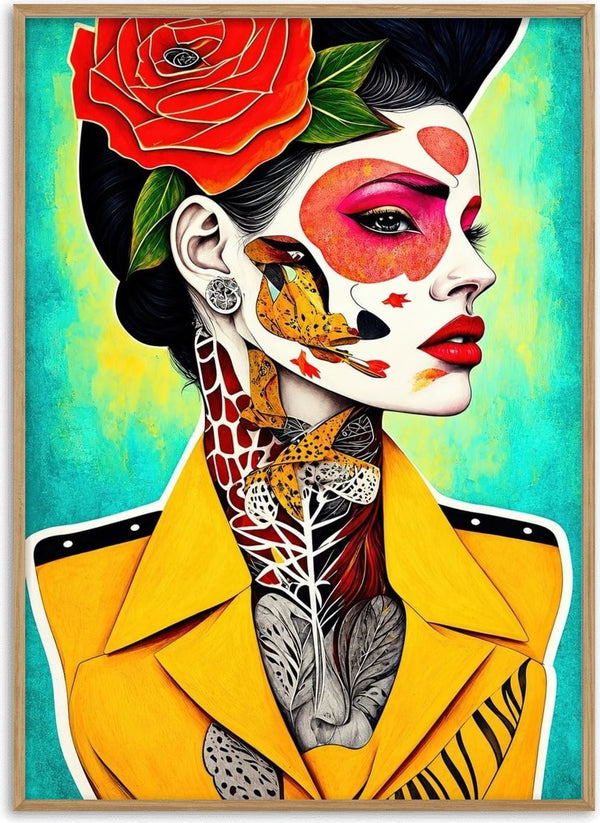 Yellow Coat in Profile by Tara Green - a woman in profile with a red rose and a bright yellow coat