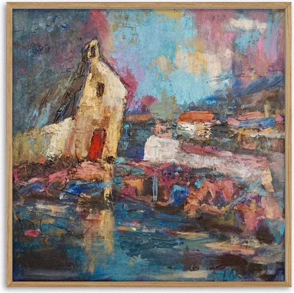 House by the Water by PaKart - a pale house with a red door above water that carries the village back in reflection