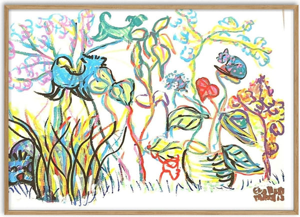 Garden in Bloom by Eva Hartman - flowers, leaves and a blue bird drawn in bright felt-tip