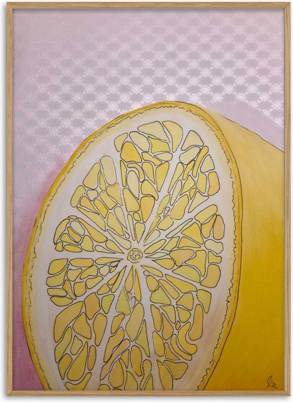 Half Lemon by L.OE. Art - a cut lemon in outlined yellow segments against patterned pink