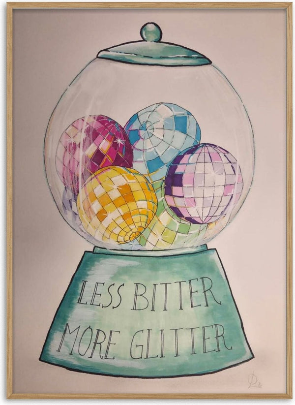 Less Bitter More Glitter by L.OE. Art - patterned glitter balls in a glass jar with lettering