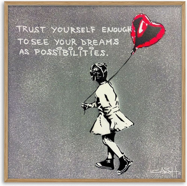 Trust Yourself by Cash - a stencilled girl with a red heart balloon on silver grey