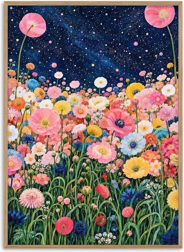 Starlit Flower Field by Yokohama - pink poppies, daisies and cornflowers under a starry night sky