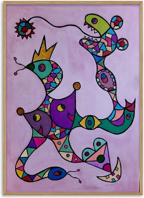 Crowned Creatures by Steffi Seiler - a crowned bird facing a green creature on a lilac ground