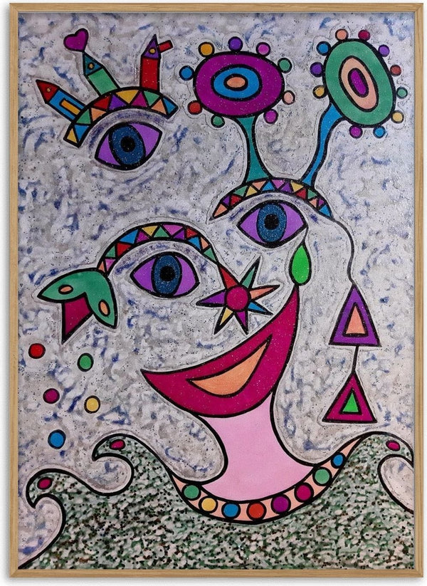 Eyes and Flowers by Steffi Seiler - a face with several eyes under two flower discs on grey-blue