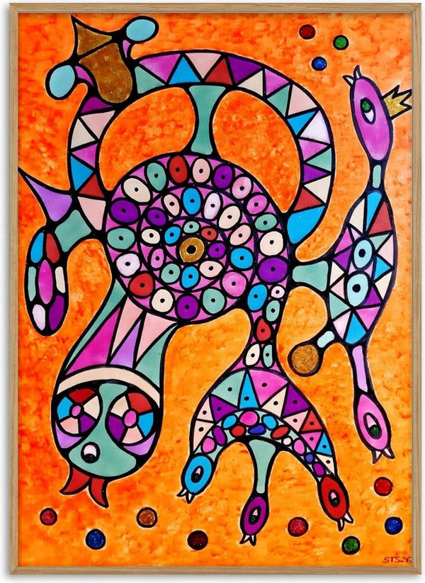 Circle of Eyes by Steffi Seiler - a creature carrying a disc ringed with small eyes on speckled orange