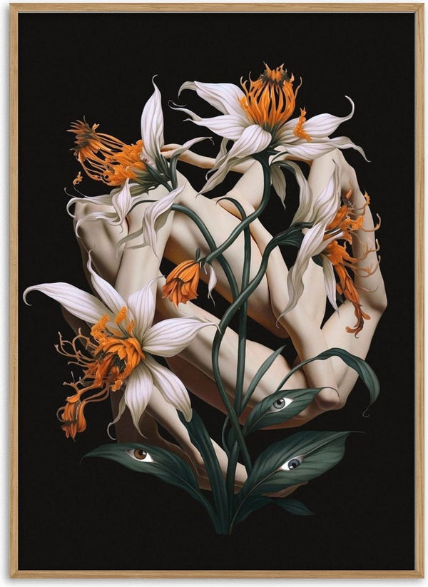 A matter of perspective by Rocio Montoya - white and orange lilies growing from folded hands on black