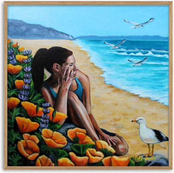 A New Horizon by Nella Hajdu - woman on a beach rock among poppies with seagulls