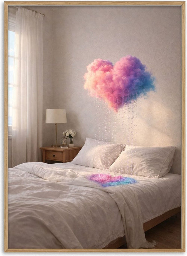 A Private Weather by Haris Delic - a heart-shaped cloud raining glitter over a bed in a pale room