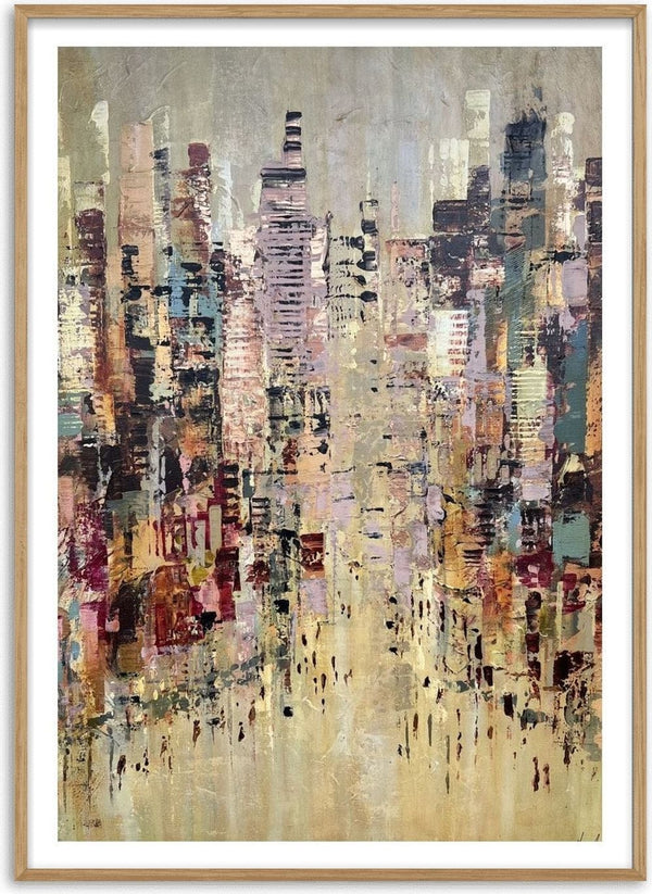 A Thousand windows by Art Anne Lee - a layered city skyline in sand, rose and teal