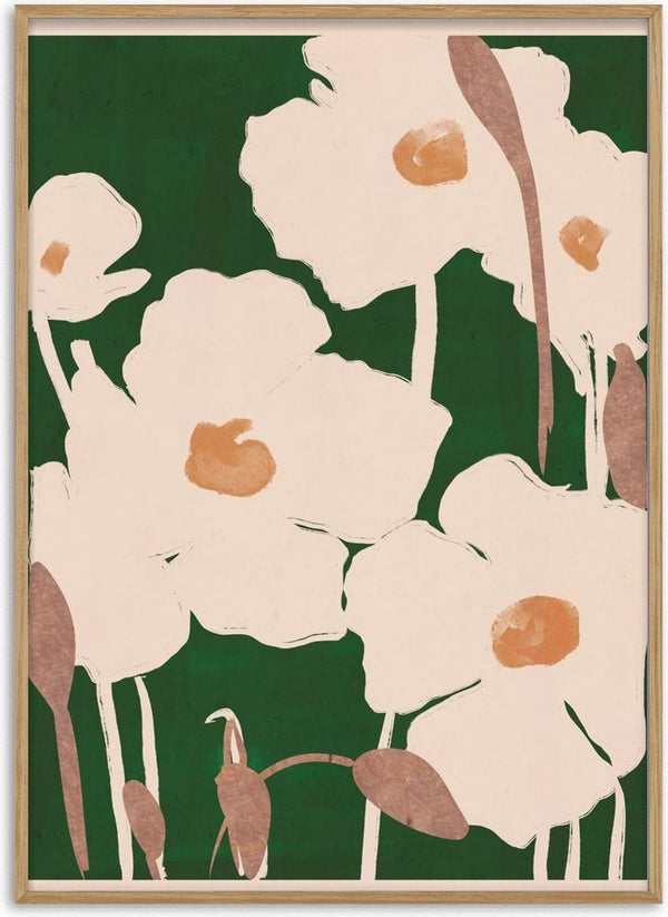 Abstract Flowers 9 by ThingDesign - cream flowers with ochre centres on a deep green ground
