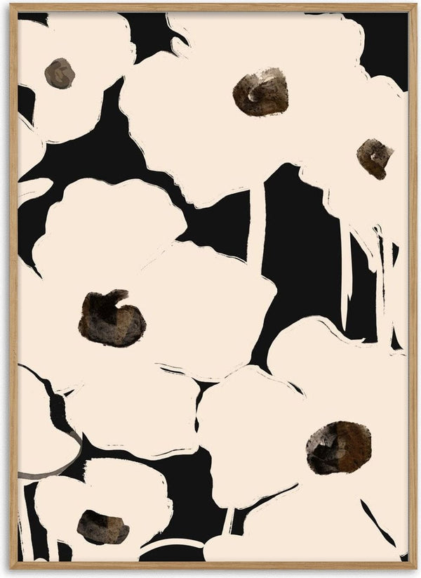 Abstract Flowers by ThingDesign - cream poppies with dark centres on a black ground