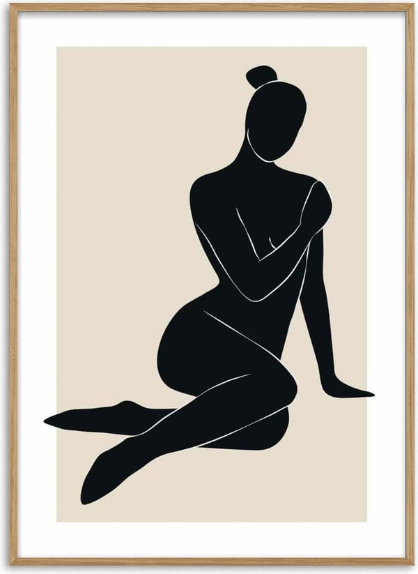 Minimalist illustration of a seated nude figure in black silhouette on a beige background, Abstractions Plakat.