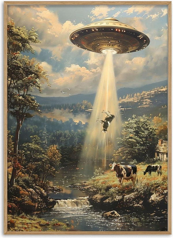 Alien Cow-spiracy by Dikhotomy - flying saucer beaming up a cow over a vintage-style wooded valley