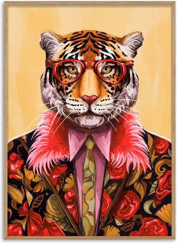 Illustration of a tiger in floral suit, red glasses, and green tie for Artsy Fartsy Tiger - Vincent V.
