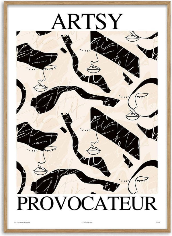 Abstract black and beige line art poster with faces and shapes, titled Artsy Provocateur No. 03 Plakat.