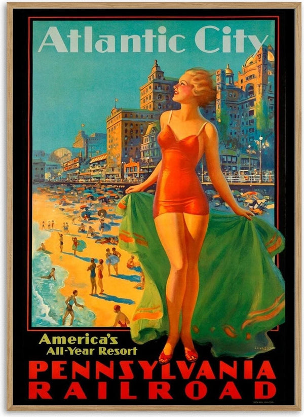 Vintage Atlantic City poster with a woman in a swimsuit, busy beach scene, and Pennsylvania Railroad promotion.