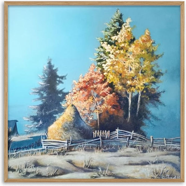 Autumn Morning by Cristina Iacob - a haystack and yellow birches on frosted ground under a turquoise sky