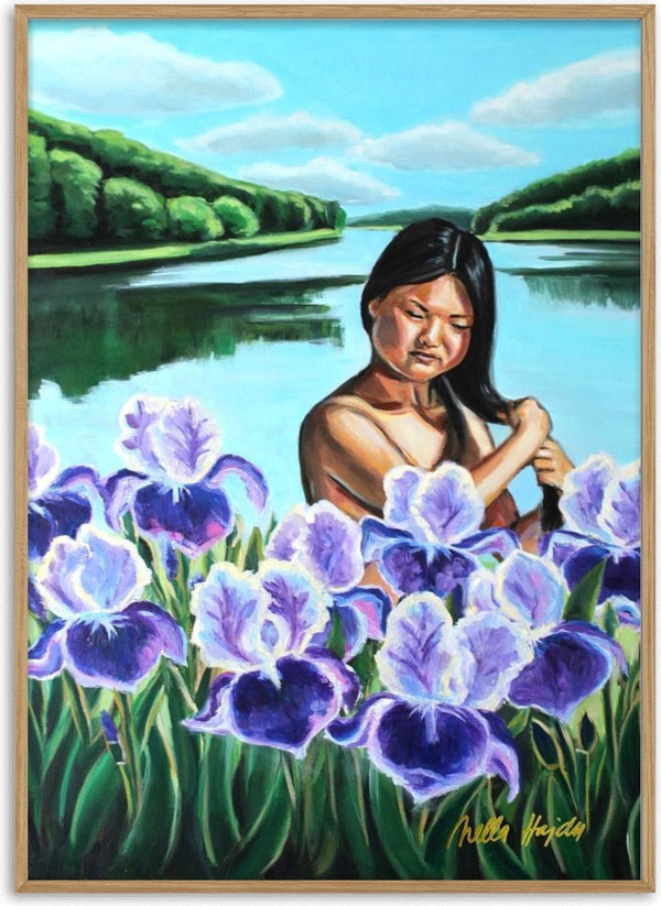 Awakening by Nella Hajdu - woman standing among purple and white irises in front of a blue lake and green hills