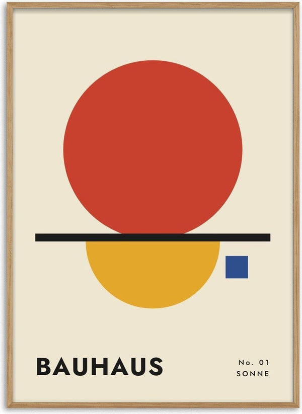 Bauhaus Sonne by ARTSY FARTSY, Bauhaus poster with red sun over a black line with a mustard half circle on cream