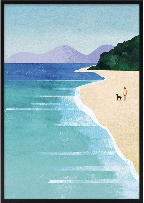 Illustration of a girl and dog on a beach with turquoise water, distant hills, and lush greenery.