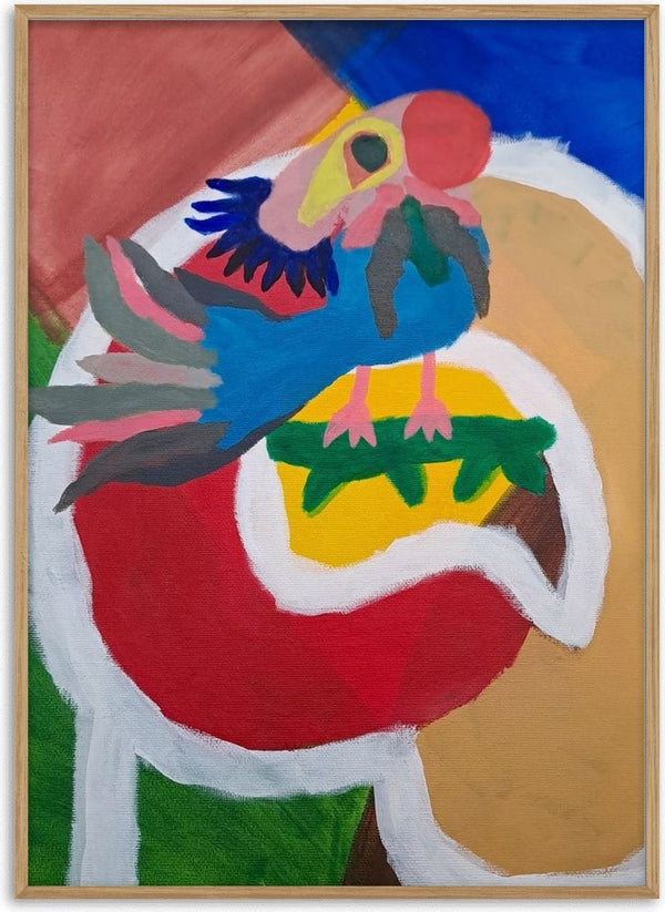 Befriad fågel by Hampus Nerén - blue bird with pink head in a red outlined form