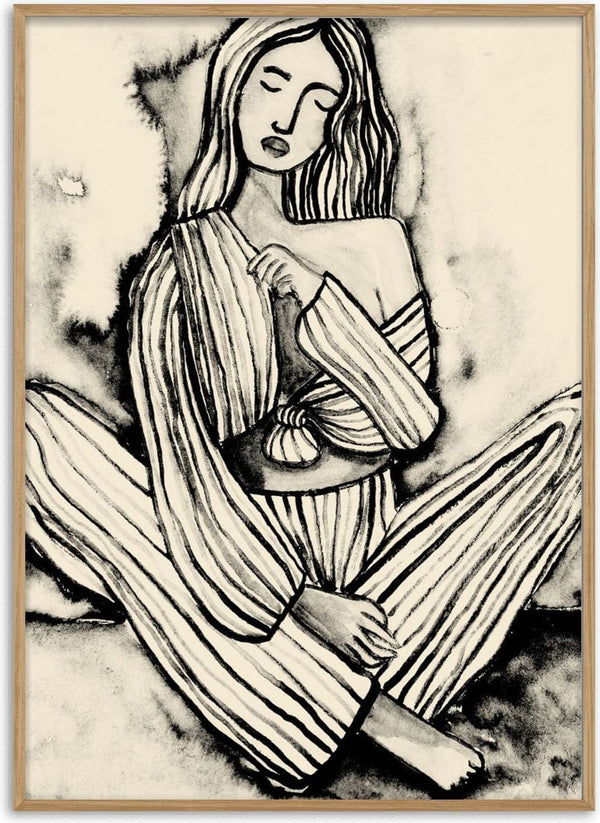 A woman in striped clothing sits cross-legged, holding her shirt close, eyes closed; art for Being Myself by Raissa Oltmanns.